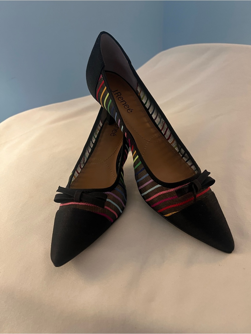 Black Pointed Toe Multicolor Stripe Ballet Flats